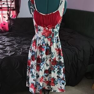 Pinup Couture Floral Midi Dress with Red and Blue Accents